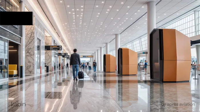 Cabinas de privacidad Kabin de Après Aviation a lo largo de un concurrido pasillo de terminal de aeropuerto, con un viajero pasando con su equipaje.