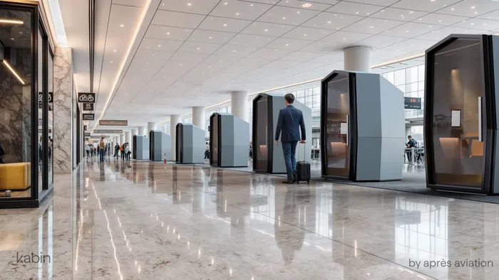 Kabin de Après Aviation, una cabina de privacidad acústica para trabajar de forma segura dentro de una sala VIP de aeropuerto premium.
